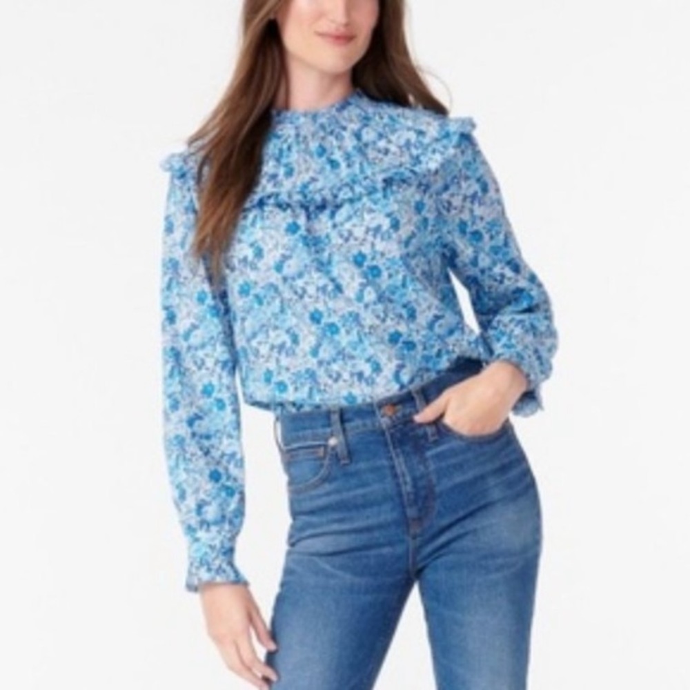 J.crew floral blue cute size L long sleeve in excellent condition